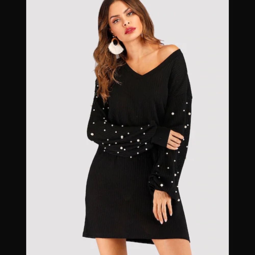 V-Neck Ribbed Bead Sweater Dress